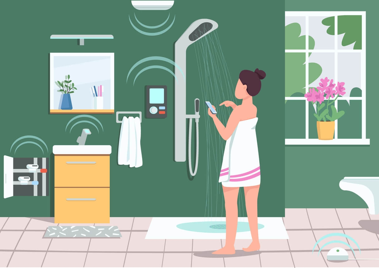 A cartoon rendering of a modern bathroom with several smart devices.